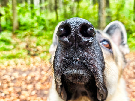 A German Shepherd stands alert in a forest, its nose prominent as it explores the surroundings,...
