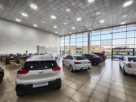 Samarkand, Uzbekistan - April 11, 2025: Cars in showroom of Chevrolet dealership
