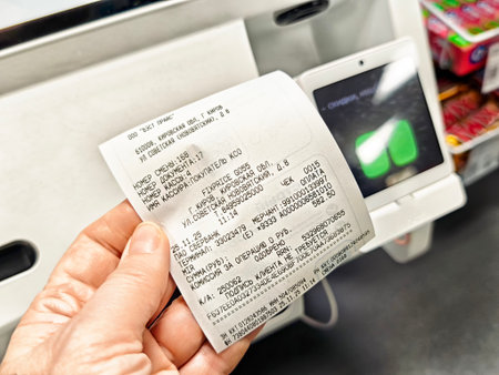Kirov, Russia - November 25, 2025: Customer uses self checkout register in grocery store, scanning items and making payment through touchscreen interfaceのeditorial素材