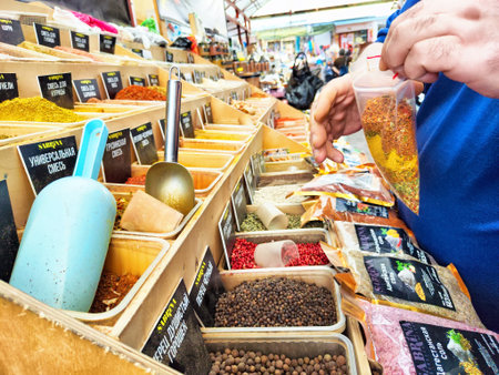 Kirov, Russia - June 13, 2024: Customers can select from a wide range of food items and household goods in the grocery store's shopping area.のeditorial素材