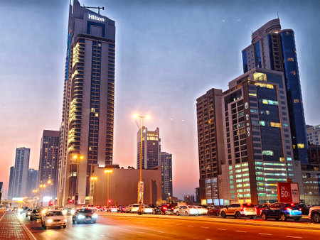 Manama, Bahrain - September 28, 2025: Traffic moves along a busy street in Manama, Bahrain as the sun sets, illuminating tall buildings and creating a vibrant skyline.のeditorial素材