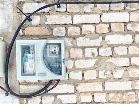 Kirov, Russia - December 22, 2025: Electricity meter is mounted on a wall with visible wiring and...