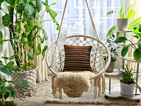 Wicker hanging swing chair is placed in a bright interior filled with houseplants and boho home decor, creating a cozy living space.の写真素材