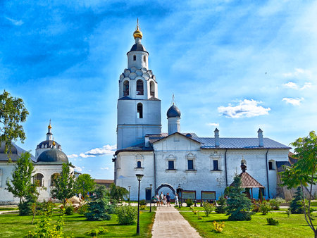 Sviyazhsk, Russia - July 17, 2025: Visitors enjoy the stunning architecture and lush greenery of...