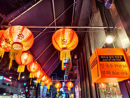 Seoul, Korea - October 30, 2024: Red lanterns light up a busy street in Vietnam at night as people enjoy food from local eateries and socialize.のeditorial素材