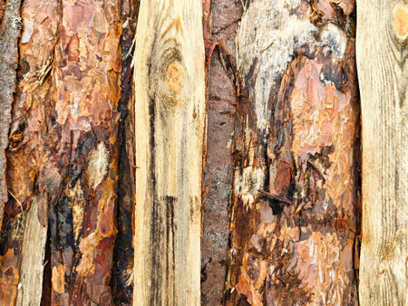 Natural wood logs exhibit intricate textures and colors, creating a visually appealing backdrop...