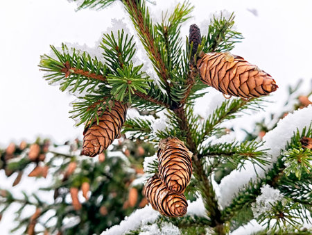 Snow covers pine branches with cones hanging down from the green needles in a cold winter forest...