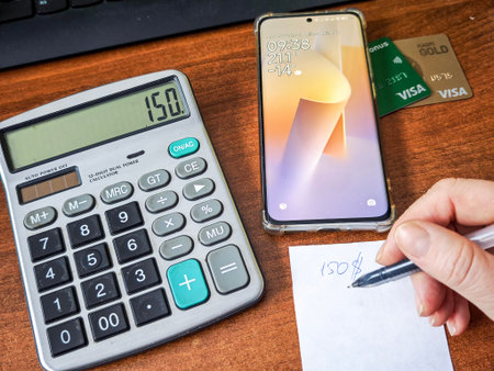 Kirov, Russia - January 21, 2026: A person calculates expenses with a calculator and smartphone at home, writing down amounts on a notepad for better financial control.のeditorial素材