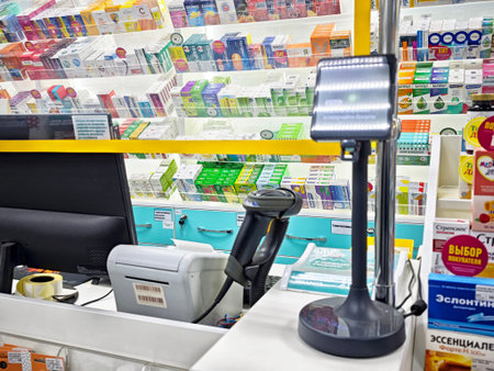 Kirov, Russia - December 14, 2025: Customers engage with pharmacist at the counter while browsing various medicines on shelves in a busy pharmacy retail spaceのeditorial素材