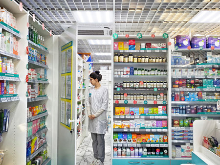 Kirov, Russia - December 14, 2025: Customers shop at a pharmacy counter while a pharmacist provides assistance with medicine and healthcare products.のeditorial素材