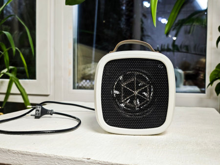 A small electric space heater sits on a table near a window, offering warmth for indoor spaces during the cold winter season.の写真素材