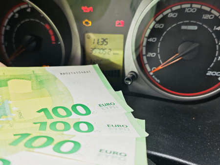 Kirov, Russia - February 20, 2026: Dashboard of a car shows fuel and maintenance warning lights with...