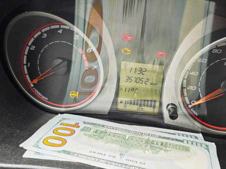Kirov, Russia - February 20, 2026: Dashboard of a car shows fuel and maintenance warning lights with...