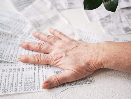 Kirov, Russia - February 04, 2026: A person analyzes grocery receipts on a table while tracking daily expenses to manage household finances and maintain a budget effectively.のeditorial素材