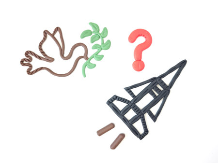 A dove holds an olive branch next to a military missile, symbolizing the tension between peace and...