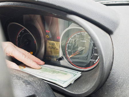 Kirov, Russia - February 20, 2026: Dashboard of a car shows fuel and maintenance warning lights with...