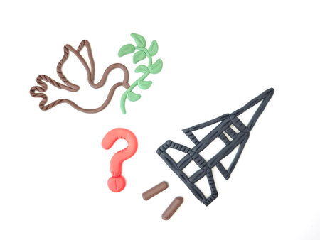 Dove carries olive branch while a missile is present, showing conflict between peace and war, reflecting global tensions.の写真素材