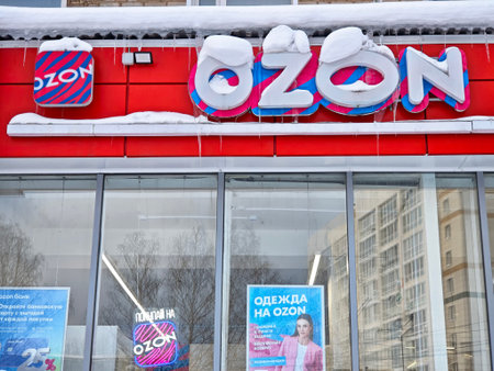 Kirov, Russia - January 12, 2026: Ozone online store displays its logo and informational signs with...