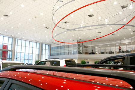 Kazan, Russia - November 25, 2022: Cars in showroom of dealership Toyota in Kazan in Russia