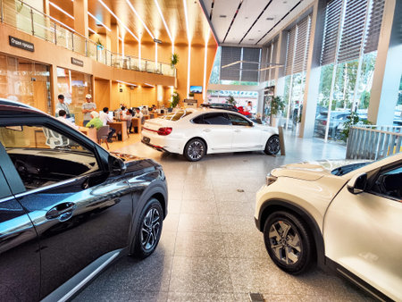 Tashkent, Uzbekistan - April 12, 2025: Cars in showroom of dealership KIA