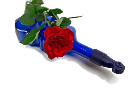 Red rose on blue wine bottleの写真素材