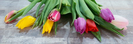 Fresh colorful tulip flowers bouquet on wooden table. Natural spring or Valentine's Day, Mother's Day themeの写真素材
