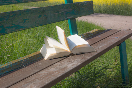 Open book on a park bench on windy dayの写真素材