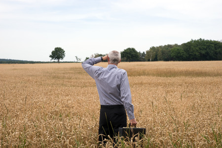 Businessman explore in the wheat field searching for the new opportunitiesの写真素材