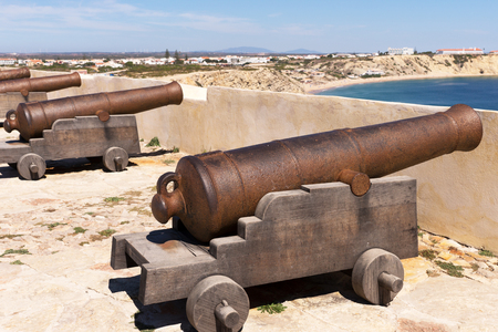 Ancient bronze cannons at the fortress of Cabo de Sao Vicente, Sagres, Portugalの写真素材