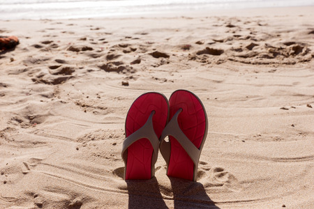 Travel background with a pair flip flops in the sand of a beachの写真素材