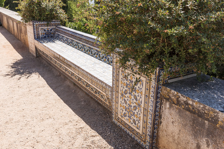 Bench with typical portuguese tiles in the park, Portugalの写真素材