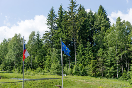 EU flags and the Czech Republic on the background of green forestの写真素材