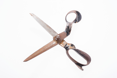 Open old tailor shears isolated on white backgroundの写真素材