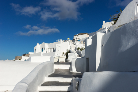 Stairs down in the beautiful city of Oia on Santorini islandの写真素材