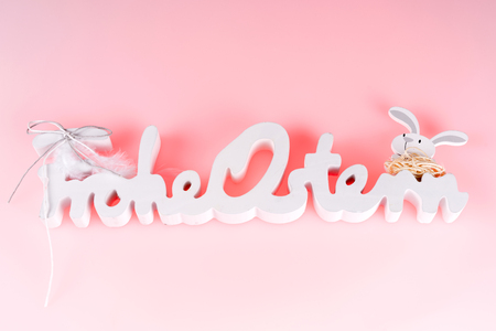 Congratulation Happy Easter in German. Decorated letters isolated on red backgroundの写真素材
