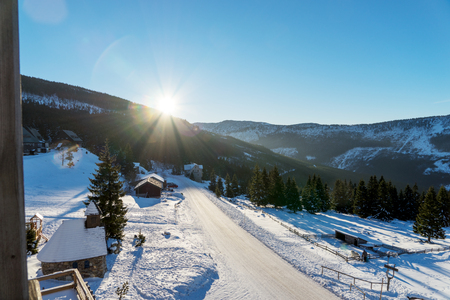 Sun shines over the czech mountains, ski resort Spindleruv mlynの写真素材