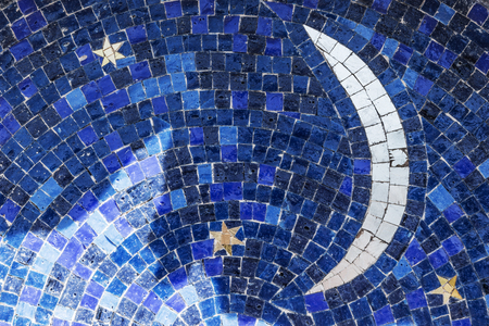 Moon and stars on blue sky, mosaic tiles backgroundの写真素材