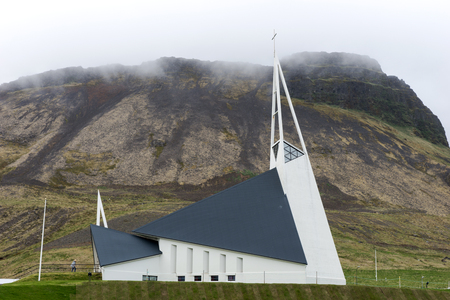 Modern church in the city of Olafsvik in the west of Icelandの写真素材