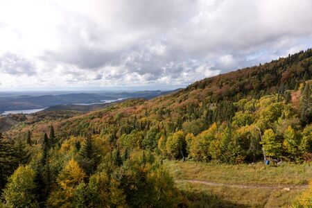 View of the Lake Tremblant and autumn forest from top of Mont Tremblant. canadaの写真素材