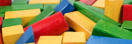 Panoramic image. Toys blocks, multicolor wooden building bricksの写真素材