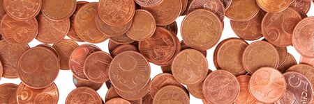 Panoramic image. One, two and five euro cent coins background. End of small change or cash