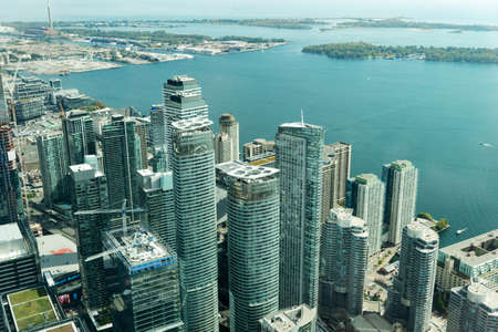 Toronto, Canada October 01 - 2019. Aerial view of Toronto's downtown showing skyscraper skyline of corporate business buildingsのeditorial素材