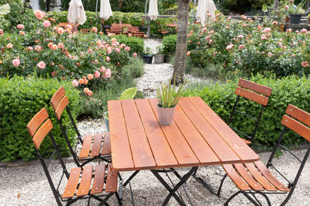 Empty chairs and tables in the garden of the restaurant in summer timeの写真素材