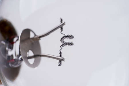 Closeup of a transparent light bulb on white surface. Macro shotの写真素材