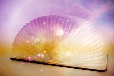 Open book with a magical fantasy. The magical power of reading and words. Fantasy background
