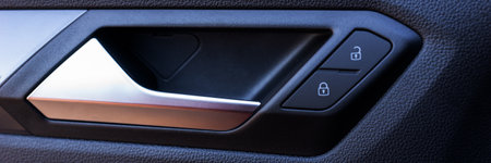 Inside door car opener unlock. Handle car door. Panoramic image