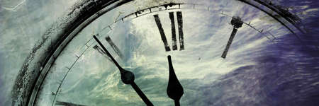Retro clock with five minutes before twelve. panorama