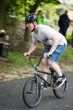 RADNOR TOWNSHIP, PA - MAY 7: BMX Stunt Performance by Chris Aceto at the Radnor Township Bike Rodeo on May 7, 2017のeditorial素材