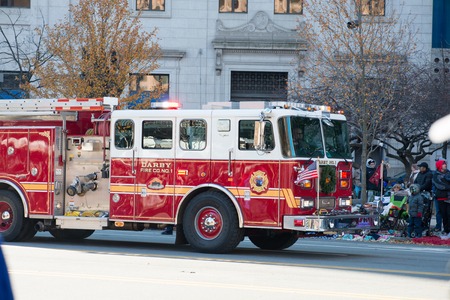 Philadelphia, PA - November 23, 2017: Fire Engine at Annual Thanksgiving Day Parade in Center City...