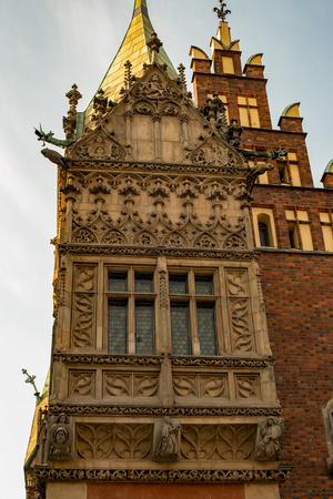 Wroclaw, Poland - March 4, 2018: Wroclaw Town Hall details in evening in historic capital of Silesia, Poland, Europe.のeditorial素材